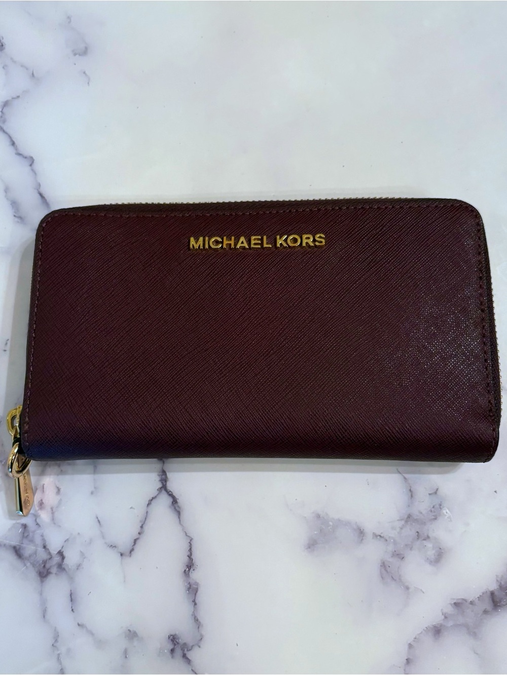 Michael Kors Saffiano Zip Wallet - Burgundy with Gold Hardware
